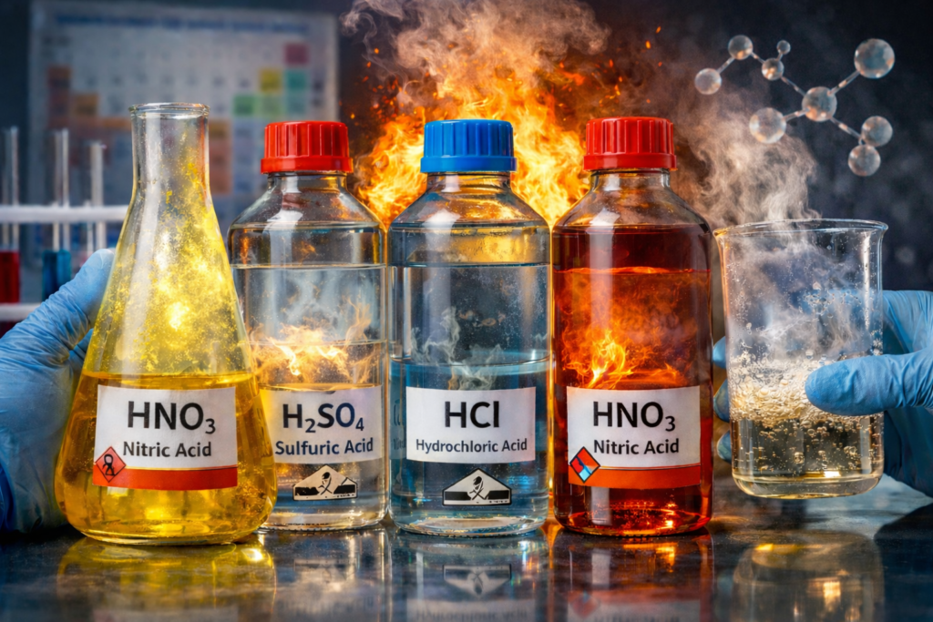 اسید نیتریک در مقایسه با اسیدهای قوی