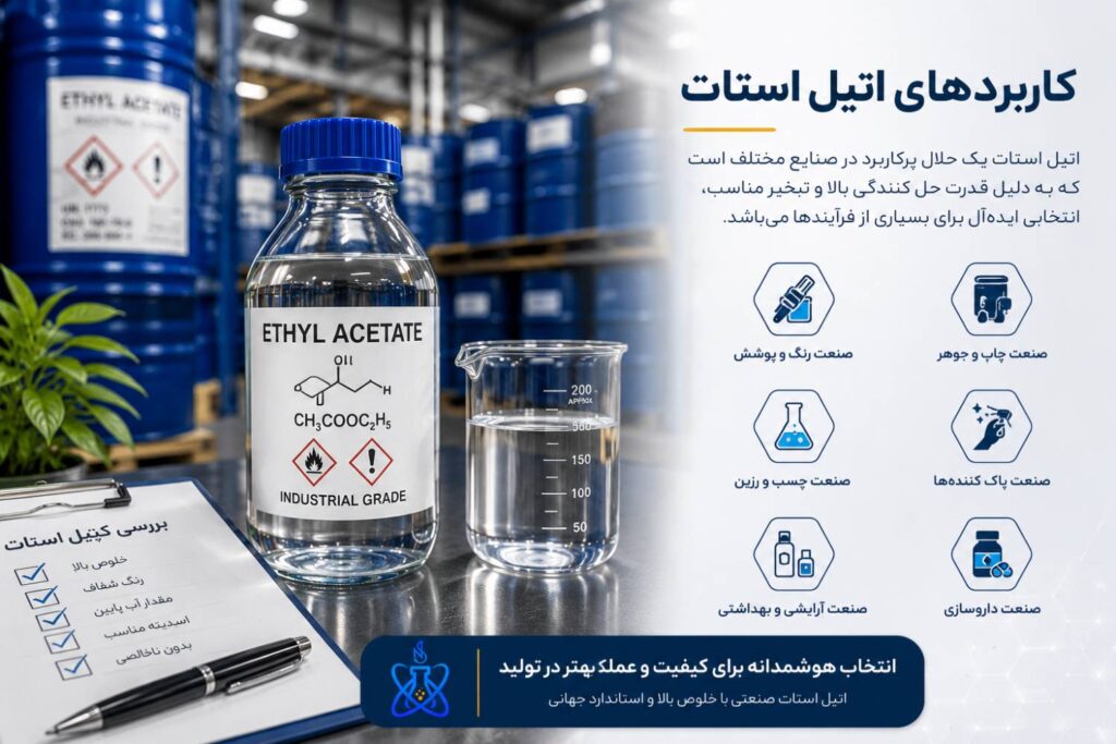خرید اتیل استات صنعتی؛ راهنمای انتخاب، کاربردها و نکات مهم قبل از سفارش