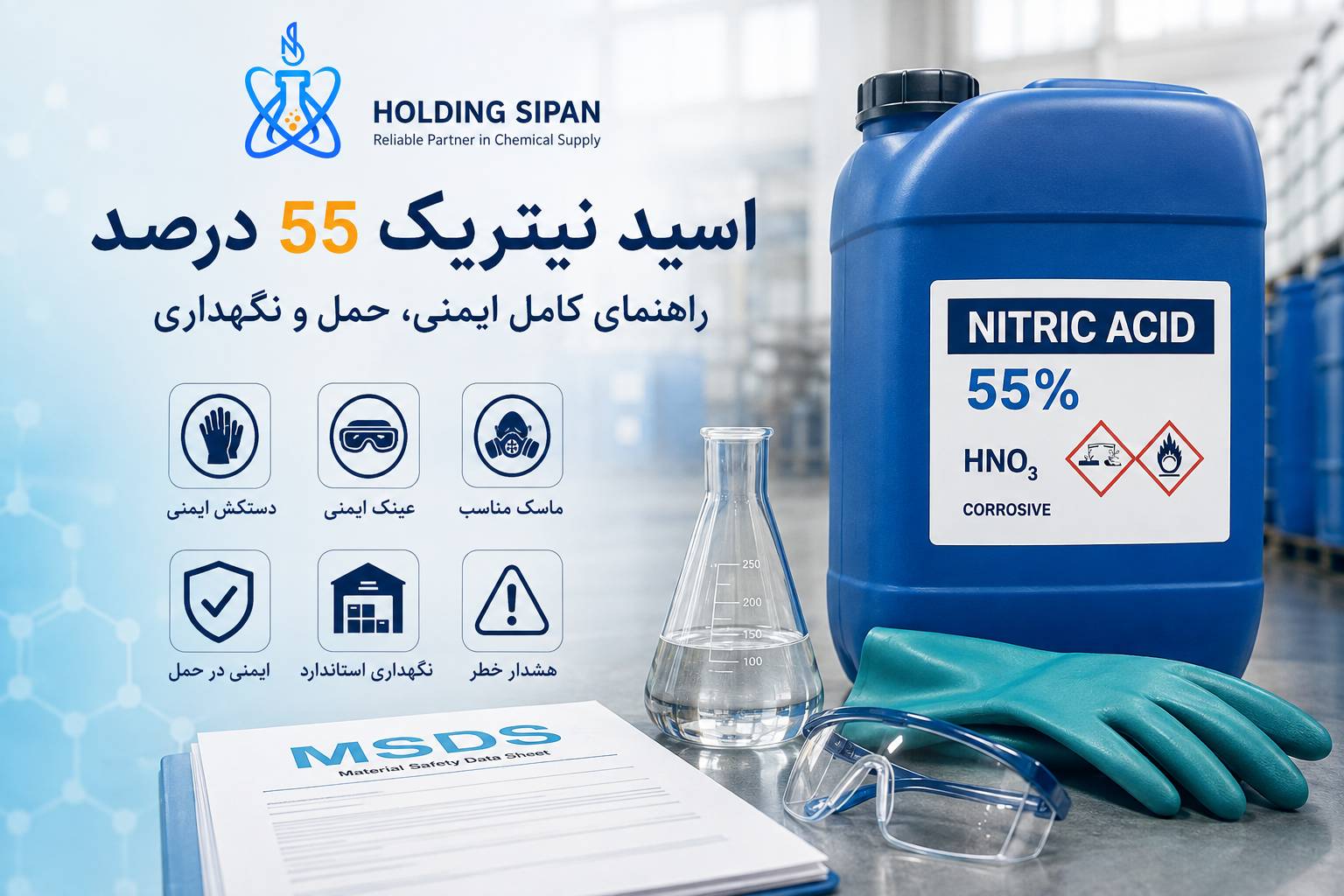 ✅MSDS اسید نیتریک ۵۵ درصد؛ راهنمای کامل ایمنی، حمل و نگهداری