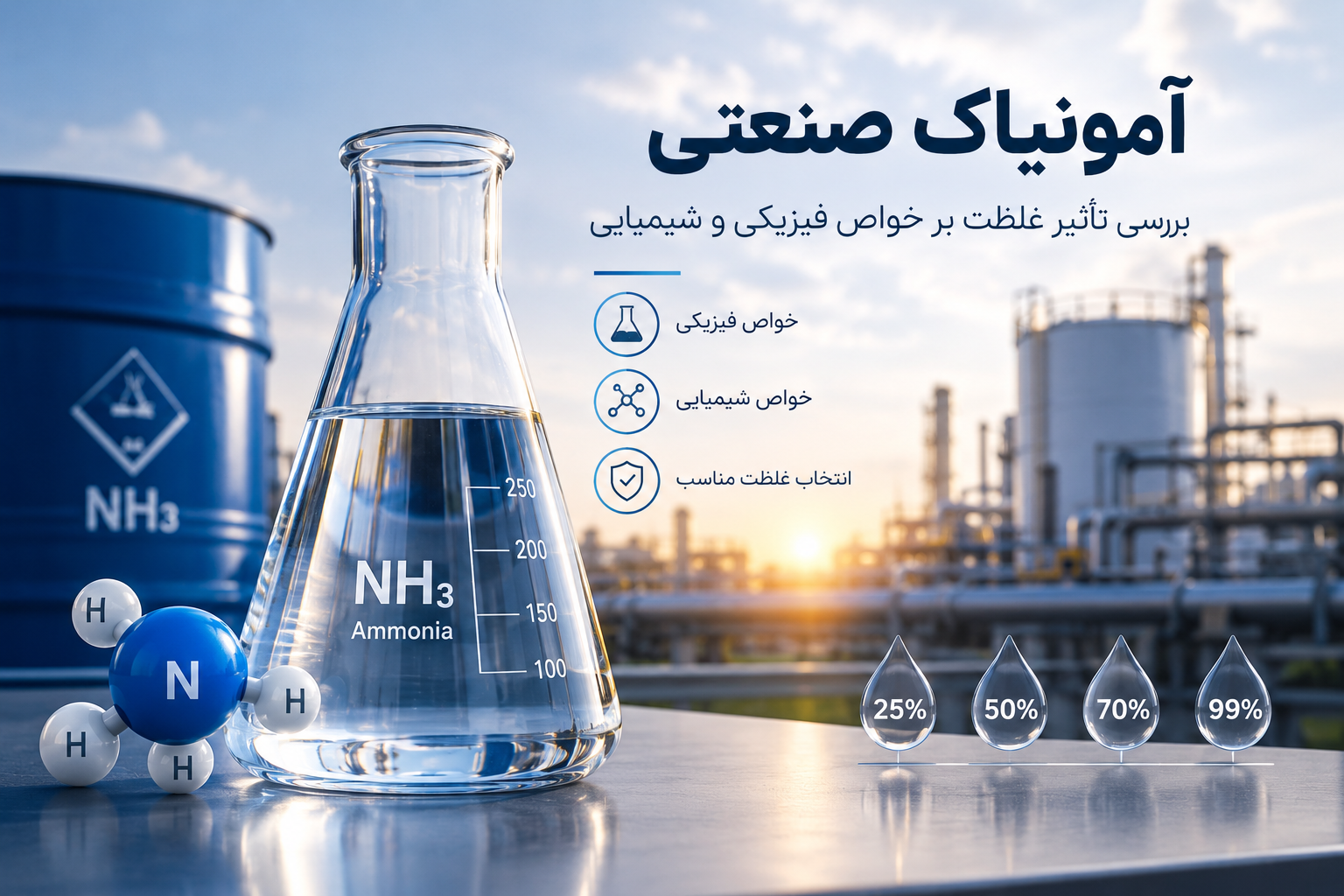 آمونیاک صنعتی؛ بررسی تأثیر غلظت بر خواص فیزیکی و شیمیایی